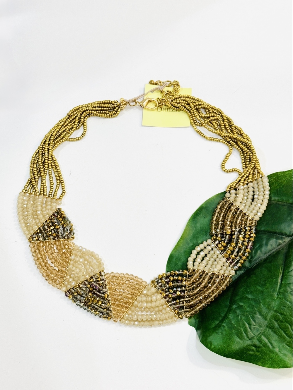 Leslie Danzis Iridescent Beaded Collar Necklace Cream & Brown | NWT